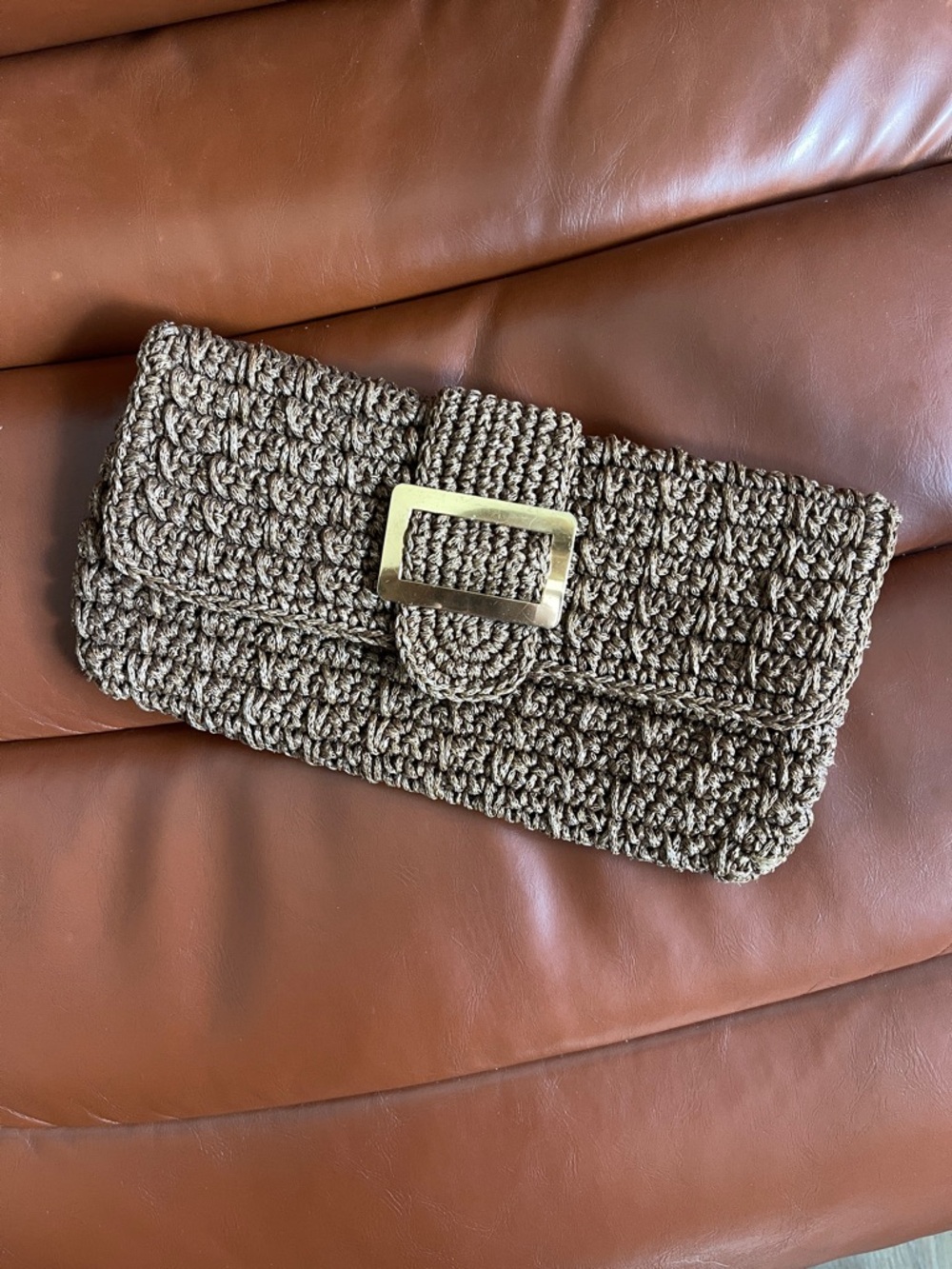 Vintage 60s Crocheted Brown Buckle Clutch